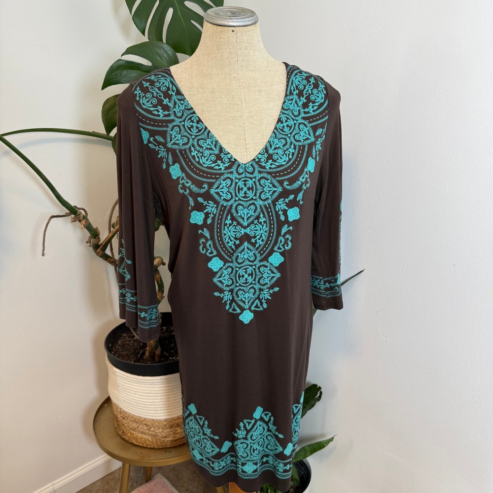 Good 2 Go Embroidered Tunic Dress Womens 2XL Brown Teal Medallion Boho D491-PLUS